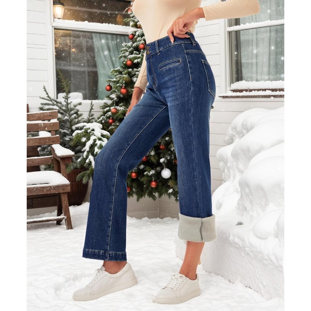 Women's Fleece Lined Jeans Large Wide Straight High Waist Winter Denim - Picture 3 of 6